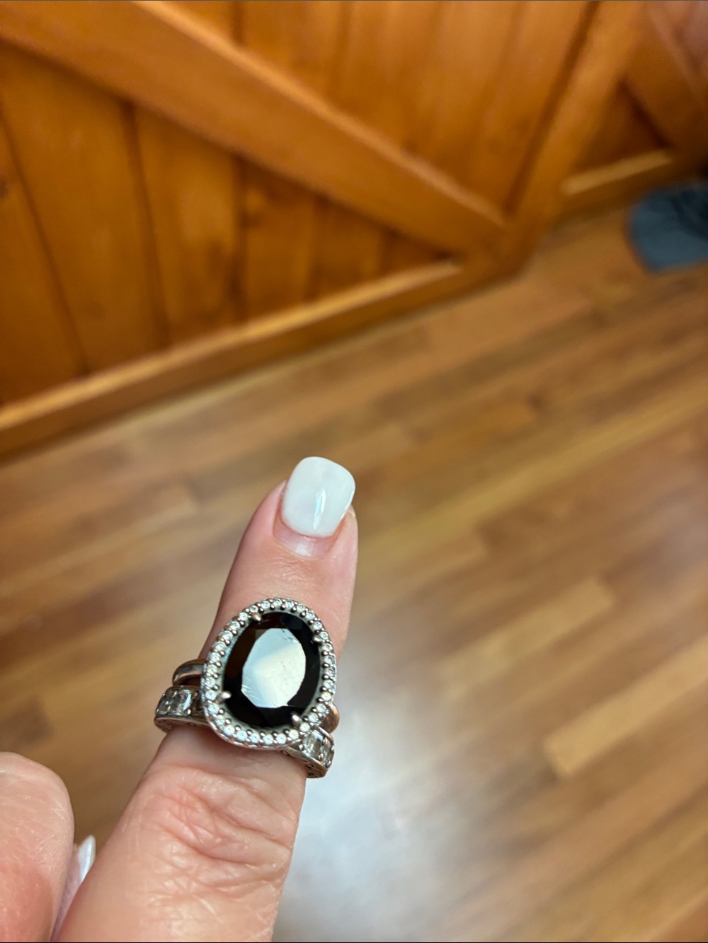 Pandora Silver Ring with Black Teardrop Stone and Halo